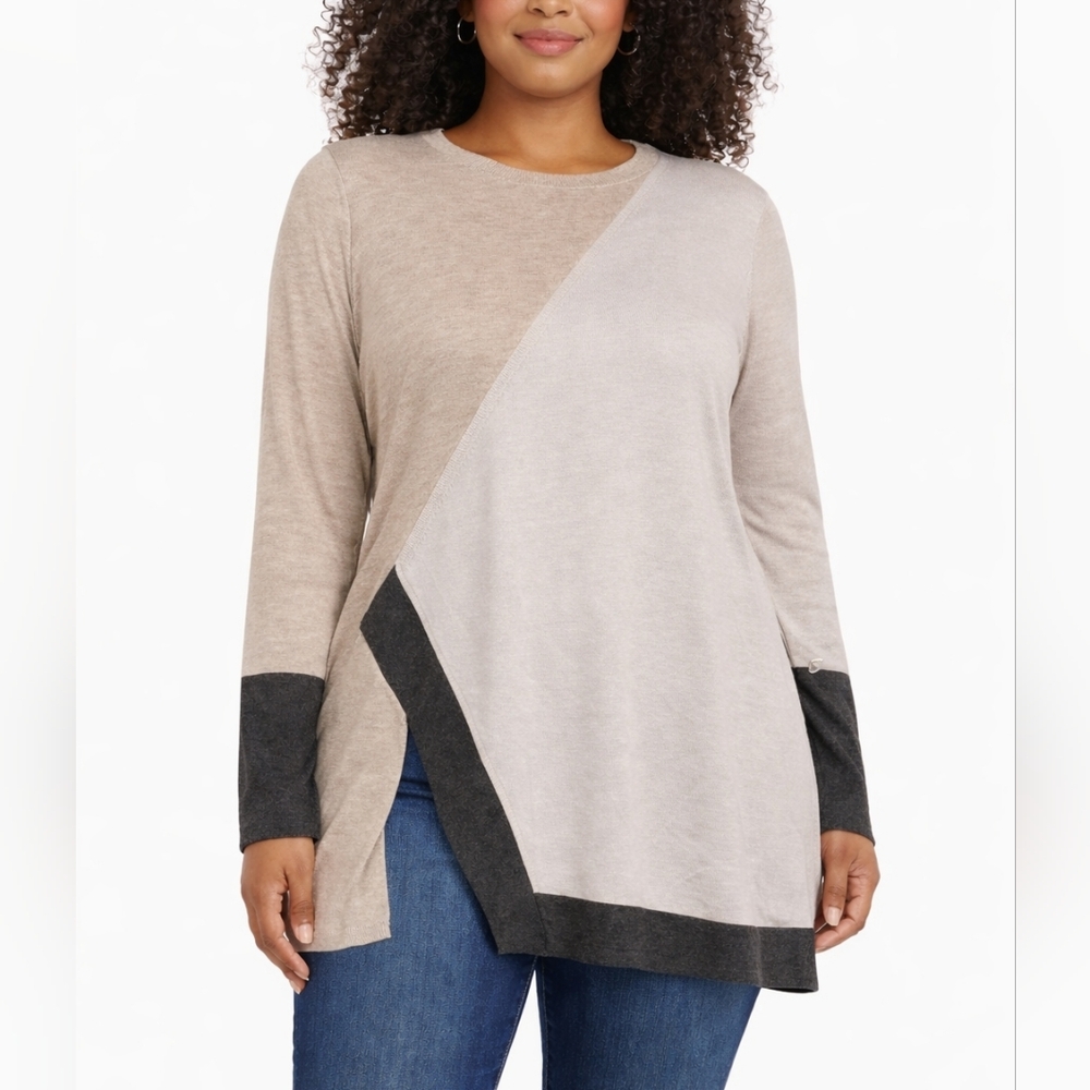 Vince Camuto Colorblock Asymmetrical Tunic Sweater Size L Neutral Beige Gray